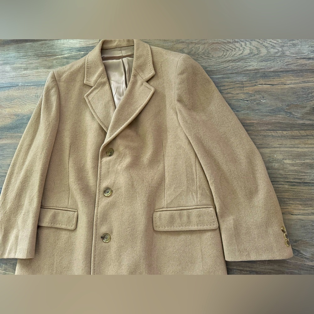 Vintage 60s/70s Cashmere Wool Blend Long Tan Overcoat L/XL - Picture 2 of 9